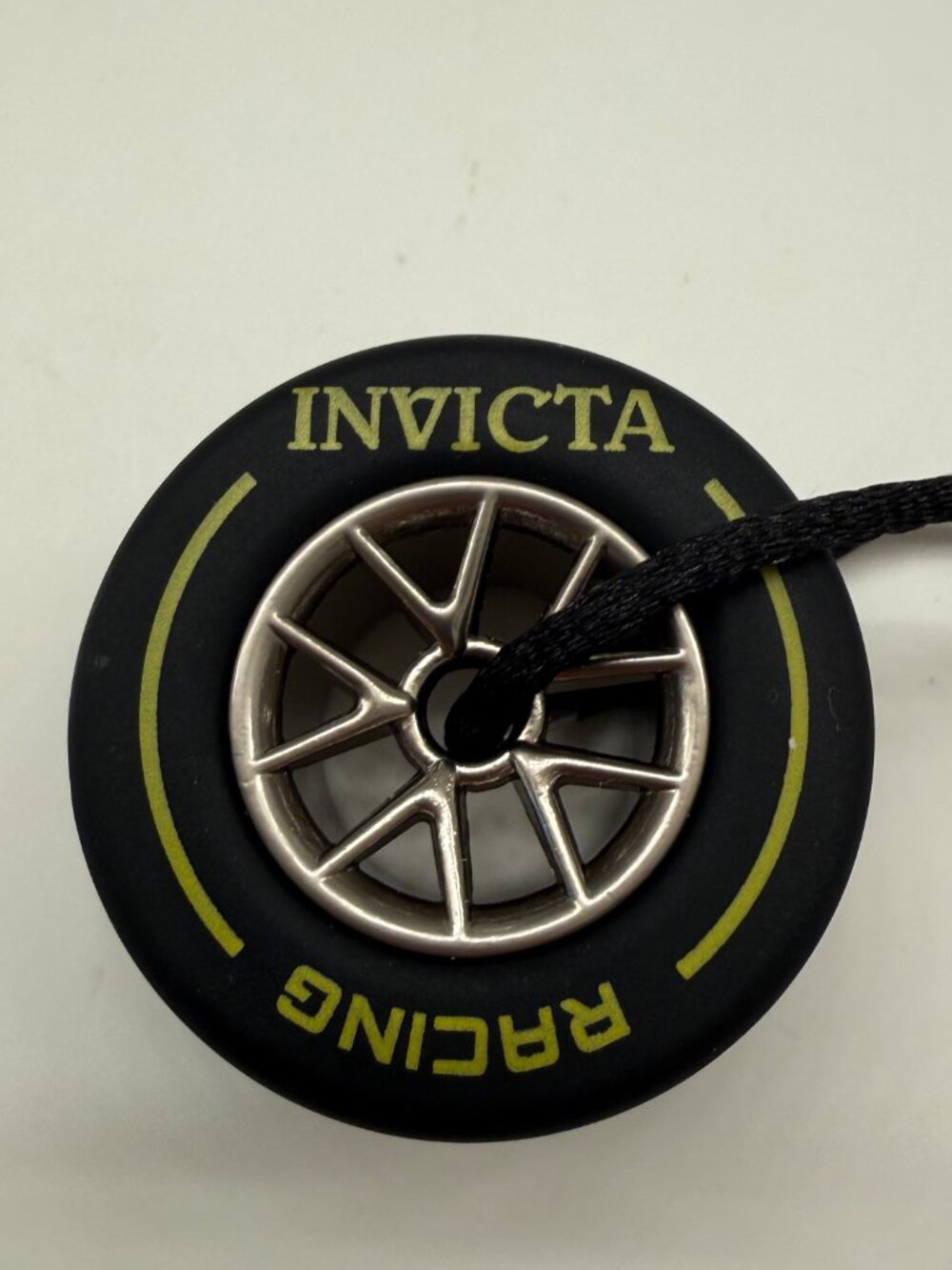 New Invicta Racing Wheel BLK Tire Metal Chrome Rim Yellow Print Key Chain NWT - Picture 2 of 4